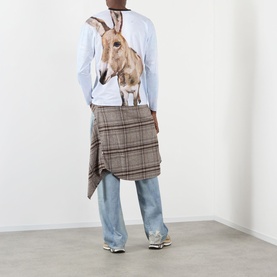 Model wearing Pellador Donkey Paint Graphic Long-Sleeved T-Shirt in white with donkey print, styled with plaid skirt and light-wash jeans.