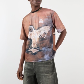 Model wearing Pellador Swan Graphic T-Shirt in all-over swan print, styled with khaki jeans. Round neck, short sleeves, straight hem.