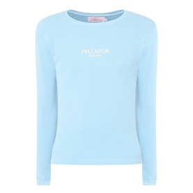 Pellador Waffle Logo Long-Sleeve T-Shirt in baby blue with round neckline, long sleeves, and white logo screen print to chest.