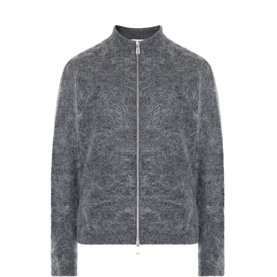 Pellador grey zip-through knit jacket with funnel neck, full-length silver zip, and textured fluffy finish