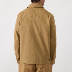 Model wearing Barbour Bayfield Logo Overshirt in Camel, rear view showing dropped shoulders, point collar and straight hem.