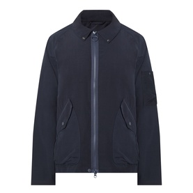Barbour Dark Navy casual jacket with zip fastening, shirt collar, flap pockets, and sleeve badge detail