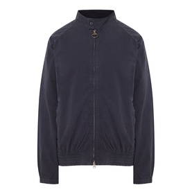 Barbour navy casual jacket with zip fastening, stand collar, press-stud tab, and ribbed cuffs and hem in cotton fabric