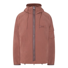Barbour Re-Engineered Flyweight Showerproof Jacket in Pepper, hooded with two-way zip, sleeve pocket and adjustable drawcords