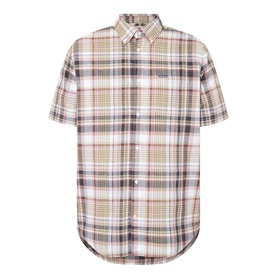 Barbour Baycliff Logo Check Print Shirt in Burnt Pepper, short-sleeve check pattern with button-down collar, chest pocket and curved hem.