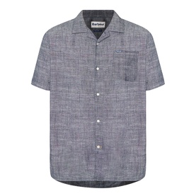 Barbour Bowston Patch Pocket Logo Shirt in Dark Navy, camp collar, short sleeves, front button fastening, chest patch pocket with logo badge.