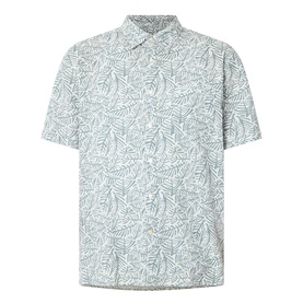 Barbour Derham Patch Pocket Printed Shirt in Dusty Slate, short-sleeve linen-cotton with all-over leaf print, point collar and chest patch pocket