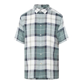 Barbour short-sleeve linen shirt in Meadow Brook Tartan, green, navy and white check, button-front with chest logo