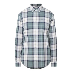 Barbour Rawley Tartan Shirt in Meadow Brook Tartan, green and white check, button-down collar, chest pocket, long sleeves, curved hem