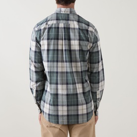 Model wearing Barbour Rawley Tartan Shirt in Meadow Brook Tartan, back view, styled with beige chinos