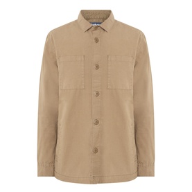 Beige long-sleeve overshirt with button-front fastening, two chest patch pockets, and a relaxed fit