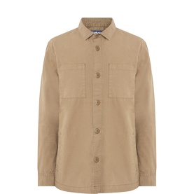 Beige long-sleeve overshirt with button-front fastening, two chest patch pockets, and a relaxed fit