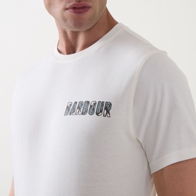 Model wearing Barbour Crew Neck T in Whisper White with graphic chest logo print, styled close-up view