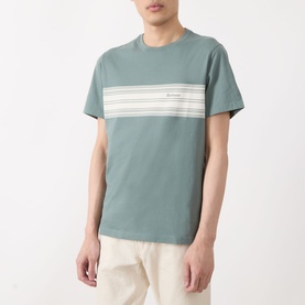 Model wearing Barbour Brayworth Graphic Logo T-Shirt in Vintage Teal with contrast stripe chest graphic, crew neck, short sleeves, styled with cream