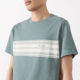 Model wearing Barbour Brayworth Graphic Logo T-Shirt in Vintage Teal with white contrast stripe panel and chest logo, crew neck, short sleeves