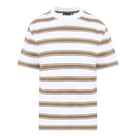Barbour white crew neck T-shirt with tan and white horizontal stripes, short sleeves, relaxed fit, 100% cotton
