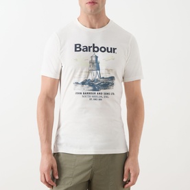 Model wearing Barbour Harbourside Graphic T-Shirt in Whisper White with navy lighthouse beacon graphic print, crew neck, short sleeves, paired with