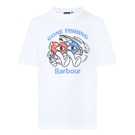 Barbour white crew neck cotton T-shirt with blue and red Gone Fishing cartoon graphic and logo print to chest