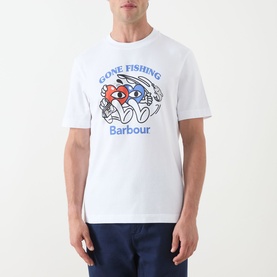 Model wearing Barbour white cotton crew neck T-shirt with Gone Fishing graphic print, styled with navy trousers.