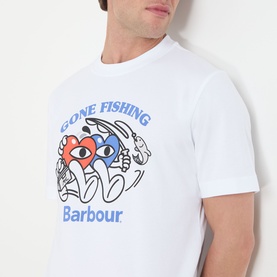 Model wearing Barbour white crew neck T-shirt with colourful Gone Fishing graphic print to chest.