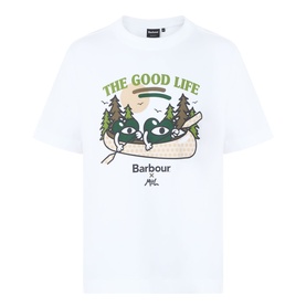 Barbour white cotton T-shirt with The Good Life woodland graphic print featuring illustrated character and pine trees