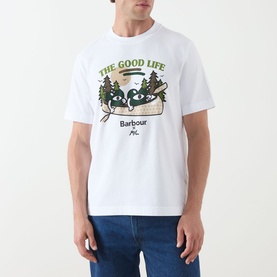Model wearing white Barbour graphic T-shirt with The Good Life canoe print, styled with blue denim jeans.