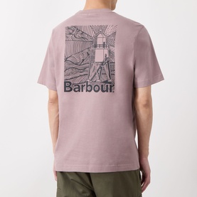Model wearing Barbour Moonwell Graphic Logo T-Shirt in Ironstone, showing rear lighthouse graphic print, styled with olive trousers.