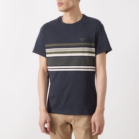 Model wearing Barbour Teeside Graphic Logo T-Shirt in Dark Navy with chest stripe graphic, paired with beige chinos.