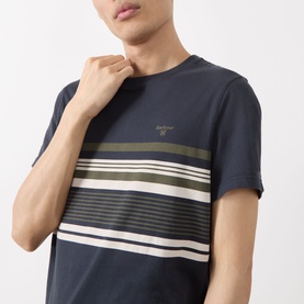Model wearing Barbour Teeside Graphic Logo T-Shirt in Dark Navy with chest stripe graphic and embroidered logo detail