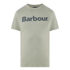 Barbour logo T-shirt in sage green with bold navy chest branding, crew neck, short sleeves