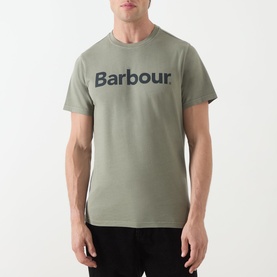 Model wearing sage green Barbour logo T-shirt with crew neck and short sleeves, dark navy chest branding