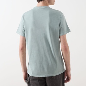 Model wearing Barbour Washington Overdyed Logo T-Shirt in Dusty Slate, rear view, crew neck, short sleeves, straight hem, paired with dark trousers