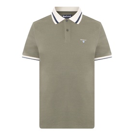 Barbour Anthorn Textured Logo Polo Shirt in Dusty Olive, short sleeves, white tipped ribbed collar and cuffs, embroidered chest logo