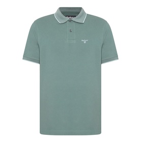 Barbour polo shirt in Vintage Teal, 100% cotton, with striped collar, three-button placket and embroidered logo chest detail