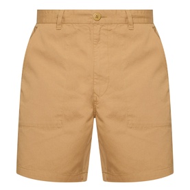 Barbour Sherburn Logo Straight-Leg Shorts in Camel, mid-rise cotton twill with belt loops, front pockets, and above-the-knee length