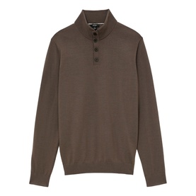 Reiss ridge brown merino knit jumper with button-up mock neck collar, long sleeves, fine-knit texture