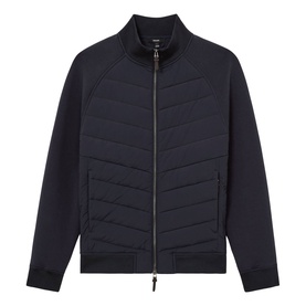 Reiss blue hybrid quilted zip-through jacket with ribbed sleeves, funnel neck, and front zip fastening