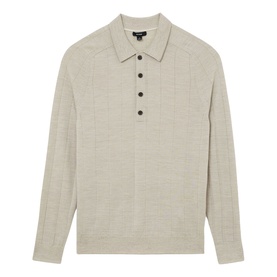 Reiss stone mouline knitted polo shirt with button placket, spread collar, and long sleeves
