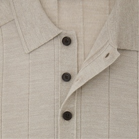 Reiss stone moulin&eacute; knit polo shirt, ribbed front placket with dark horn buttons and spread collar, close-up detail.