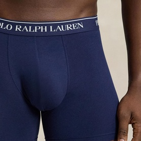 Model wearing Ralph Lauren Three-Pack Logo Boxer Briefs in navy, showing logo elasticated waistband and contoured pouch