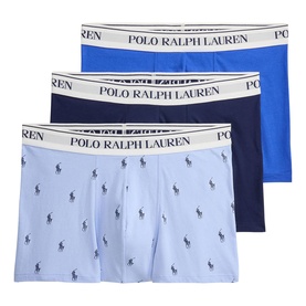 Ralph Lauren Boxers 3Pk in blue all-over print, navy, and iris blue with white branded elasticated waistbands