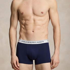 Model wearing Ralph Lauren Boxers 3Pk in navy blue with white branded elasticated waistband.