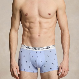 Model wearing Ralph Lauren Boxers 3Pk in pale blue with allover Polo Pony print and white branded waistband.
