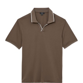 Reiss taupe brown polo shirt with white tipped collar and short sleeves, textured piqu&eacute; fabric