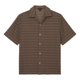 Reiss taupe brown short-sleeve camp collar shirt with tonal stripe pattern and button front
