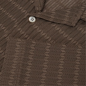 Reiss taupe brown textured chevron shirt, close-up of collar and button detail in tonal jacquard fabric.