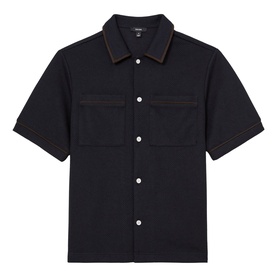 Reiss blue short-sleeve shirt with contrast brown stitching, chest pockets, and button-front placket