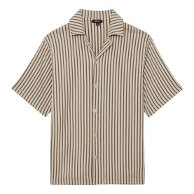 Reiss beige striped short-sleeve camp collar shirt with dark pinstripes and button-front placket