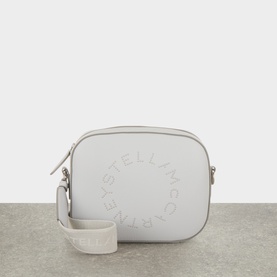 Stella McCartney Logo Camera Crossbody Bag in Pearl Grey with silver-tone hardware, circular logo detail, and adjustable crossbody strap
