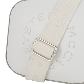 Stella McCartney Logo Camera Crossbody Bag in Pearl Grey with silver-tone hardware, logo-jacquard adjustable strap and perforated brand lettering